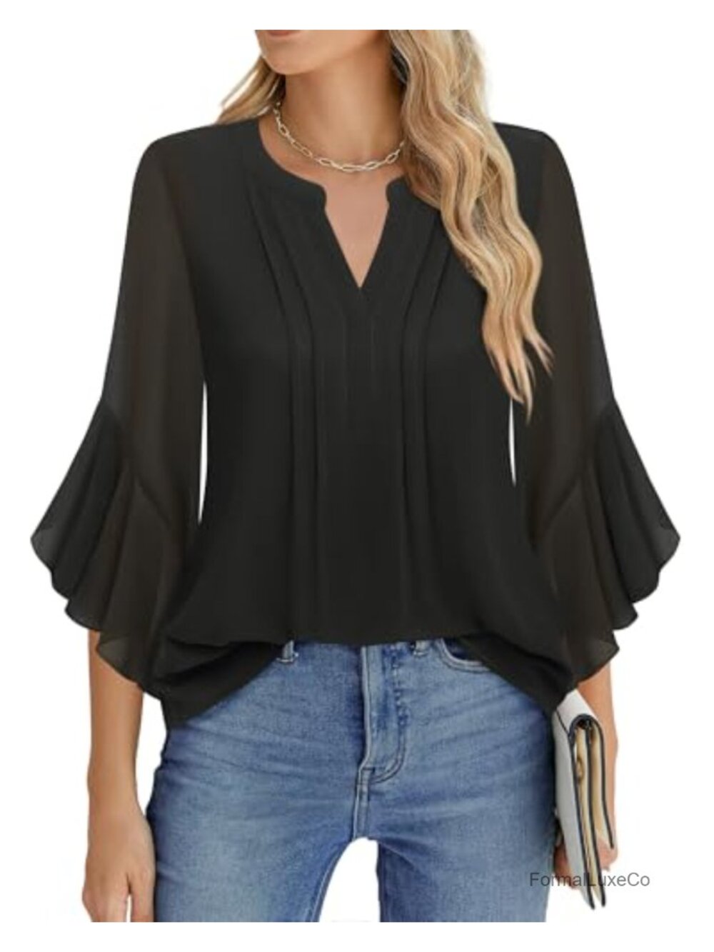 Timeson Women's 3/4 Sleeve Pleated Henley Blouse
